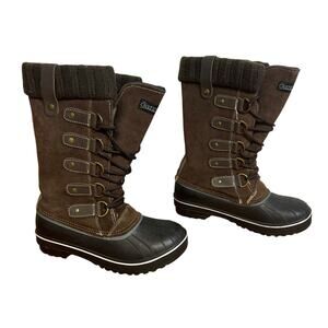 Ovation Women's Boot Snow Rain Duck Rubber Lace Up Brown Suede Knit 37 US6.5